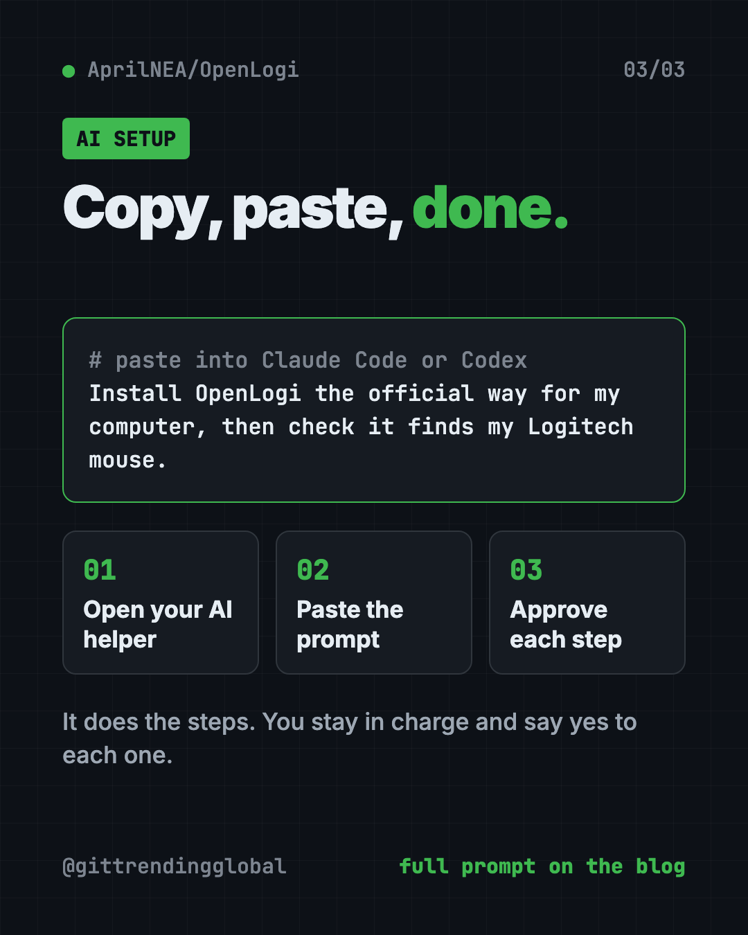 Set up the free Logitech Options+ alternative with Claude Code or Codex: copy the prompt, paste it, approve each step