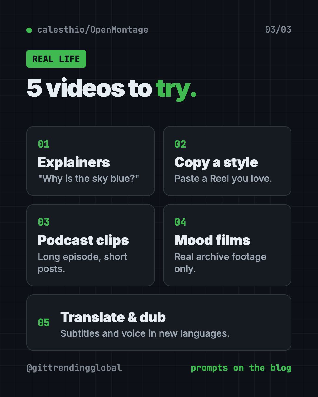 5 videos to try with the free AI video maker OpenMontage: explainers, copy a style, podcast clips, mood films, translate and dub