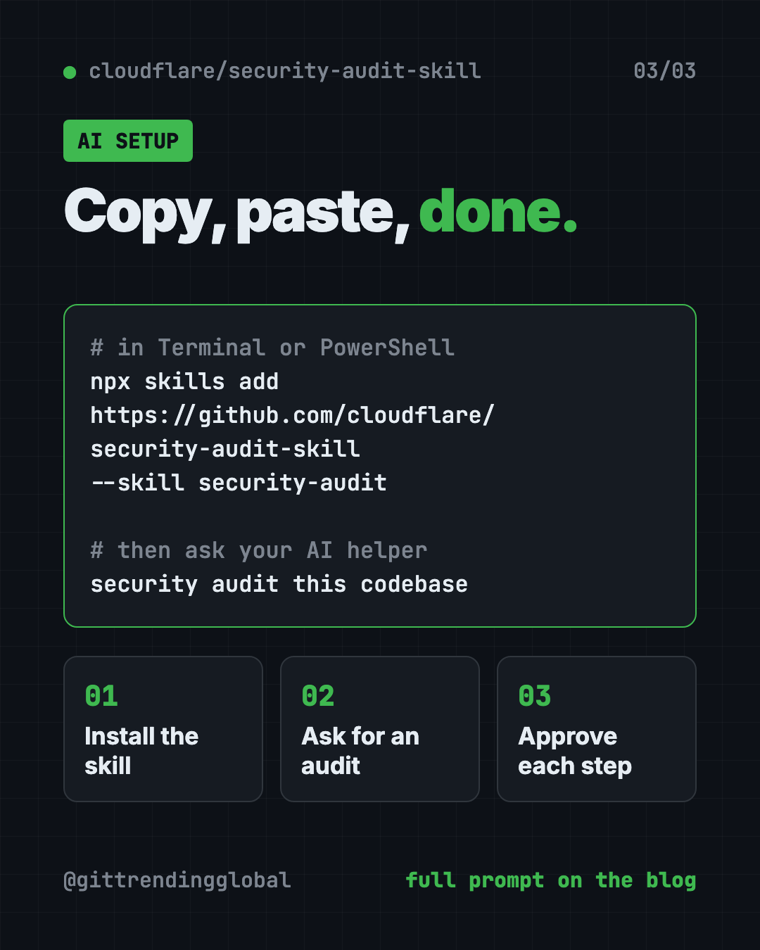 Set up the free AI code security check with Claude Code or Codex: install the skill, ask for an audit, approve each step