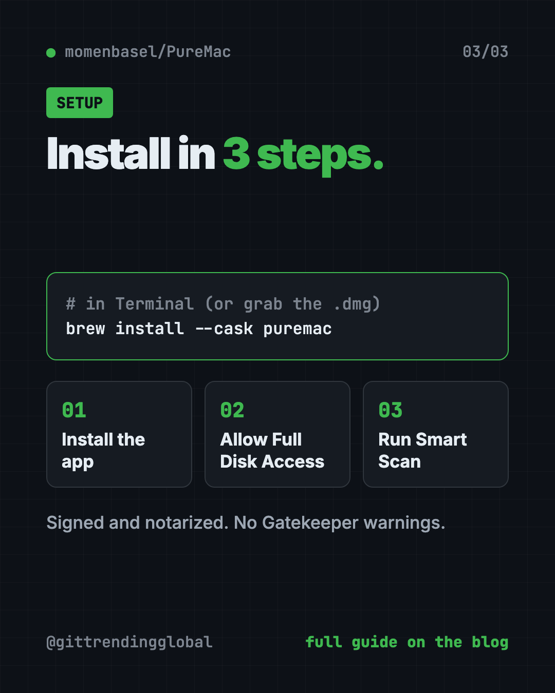 Install PureMac in 3 steps: download or brew install, give Full Disk Access, run Smart Scan