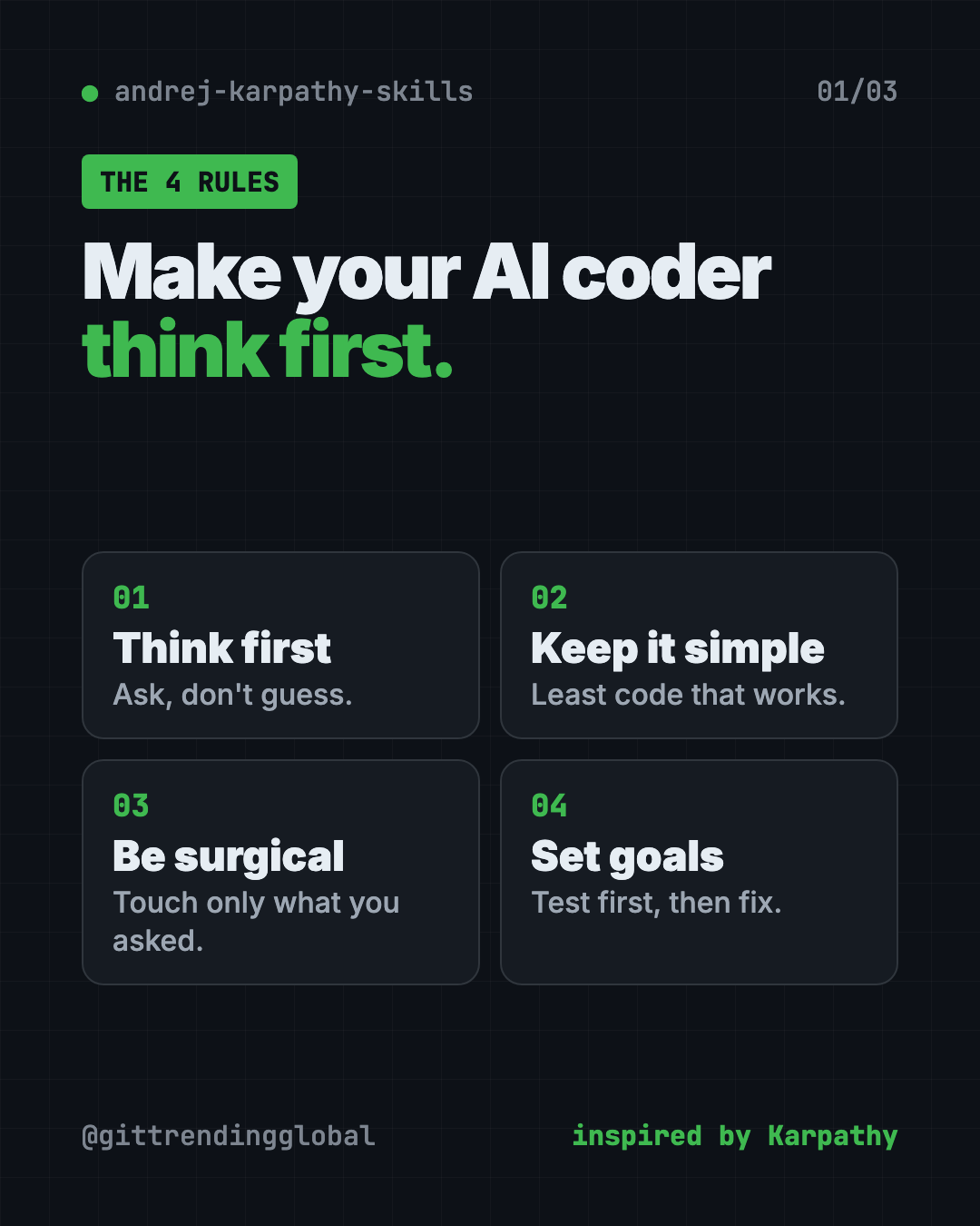 Karpathy skills for Claude Code explained: think before coding, simplicity first, surgical changes, goal-driven work