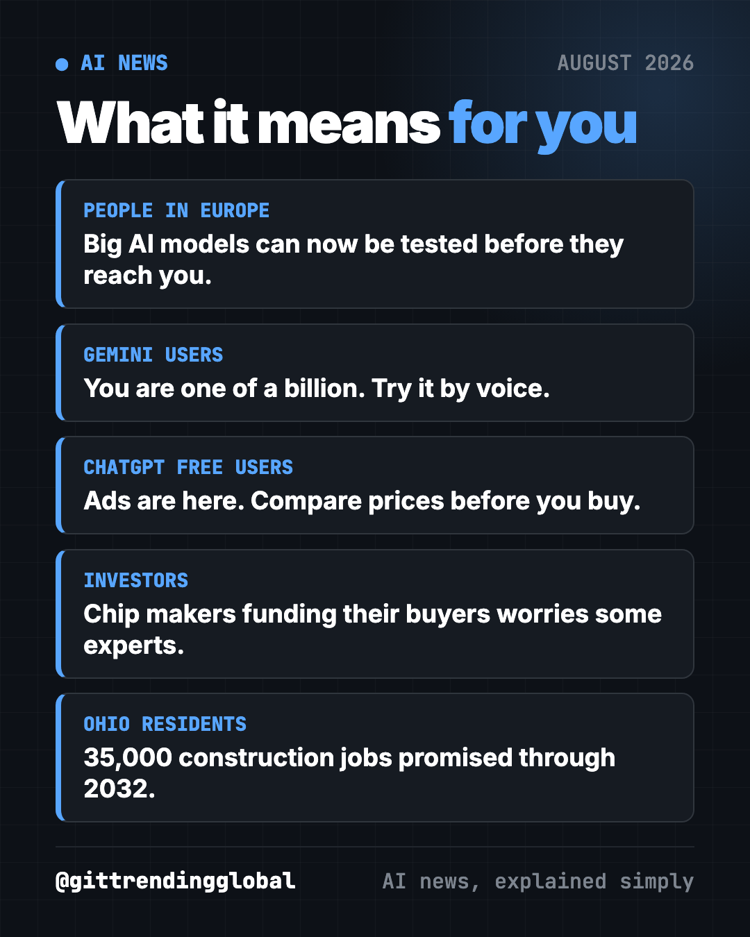 What AI news August 2026 means for you: people in Europe, Gemini users, ChatGPT free users, investors and Ohio residents