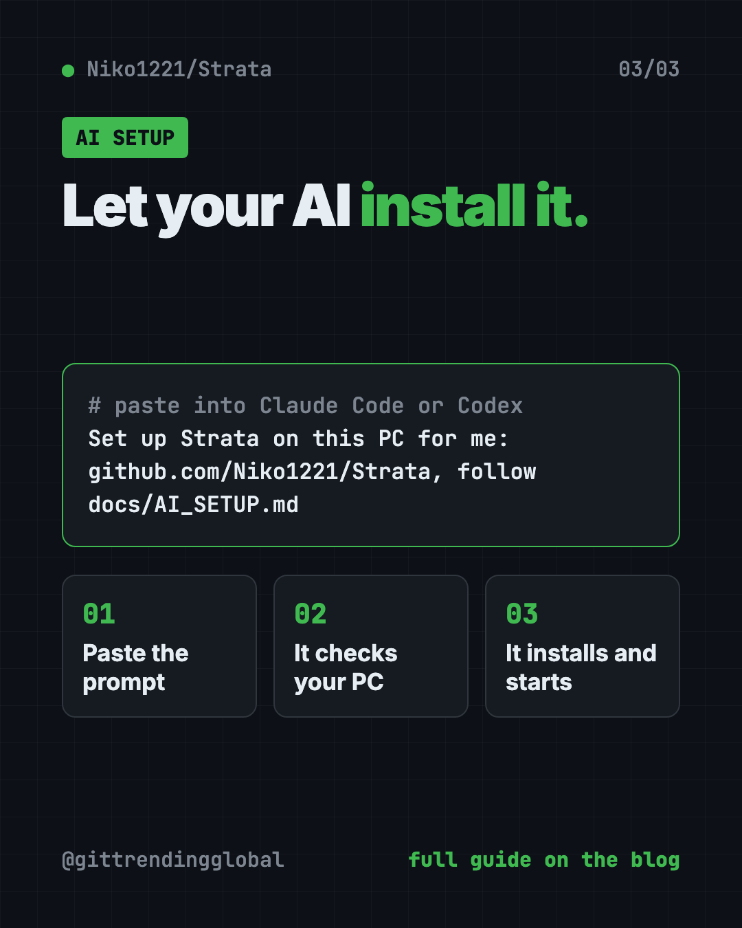 Set up Strata local AI in 3 steps: paste the setup prompt into your AI helper, it checks your PC, then it installs and starts the model