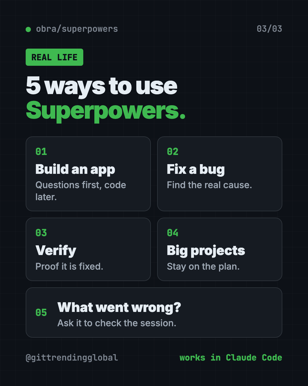 5 ways to use Superpowers skills: build an app, fix a bug, verify a fix, run big projects, find what went wrong