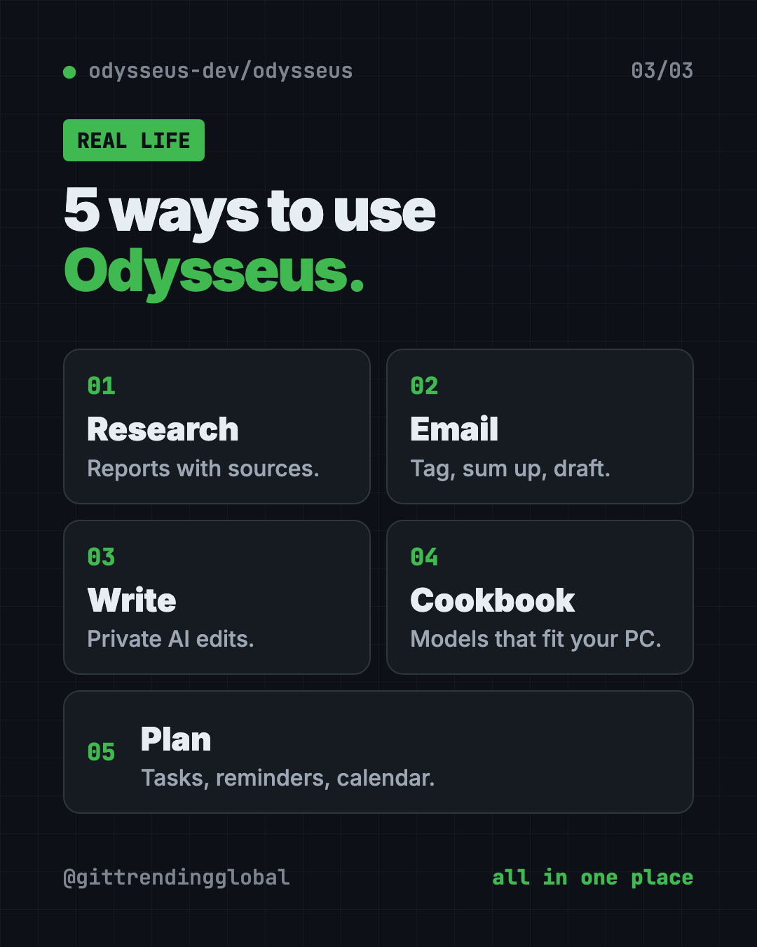 5 ways to use the Odysseus self-hosted AI workspace: deep research, email triage, private writing, model picking and weekly planning