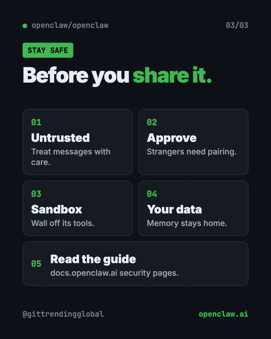 OpenClaw safety checklist: treat messages as untrusted, approve new senders, use a sandbox, read the security guide