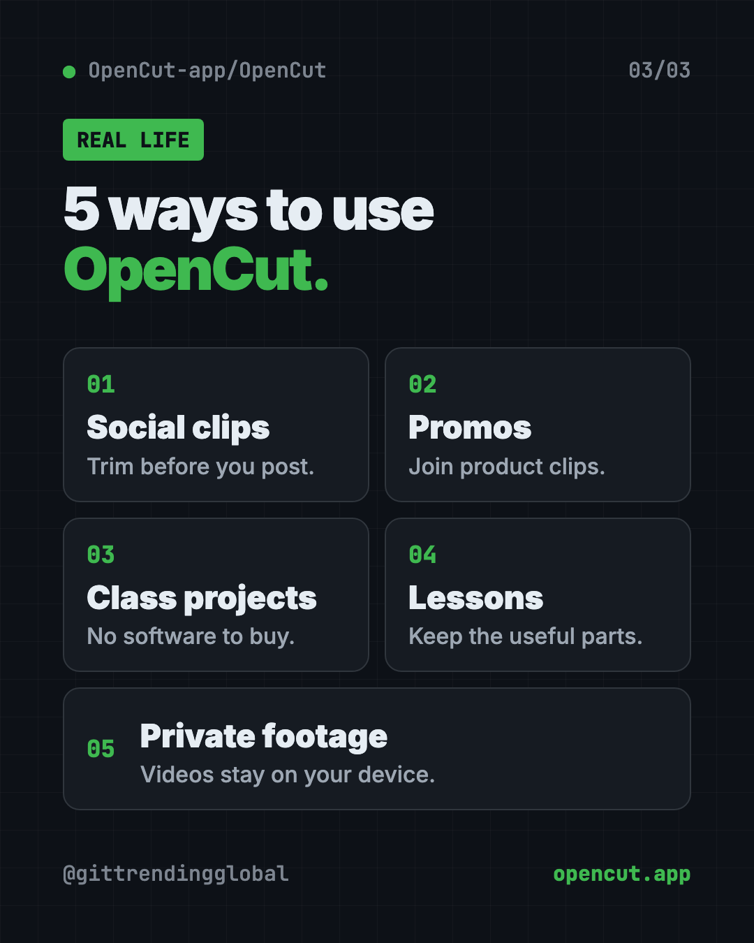 5 ways to use OpenCut, the free open source video editor: social clips, promos, class projects, lesson videos and private footage