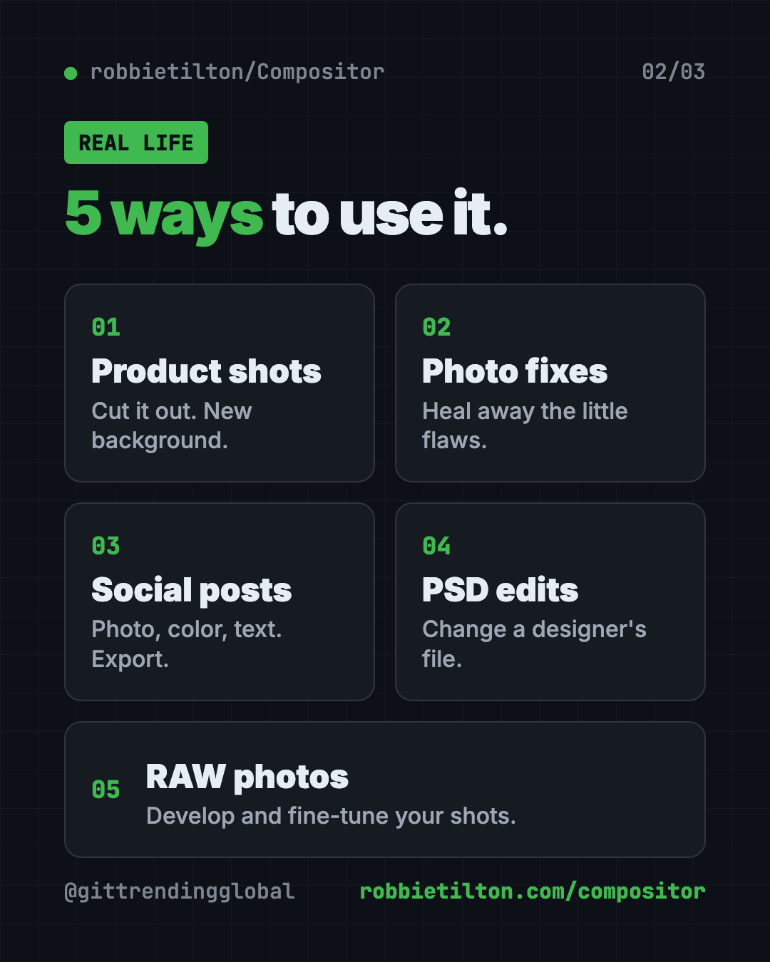 5 ways to use Compositor, the free Mac photo editor: product photos, photo fixes, social posts, PSD edits and RAW photos