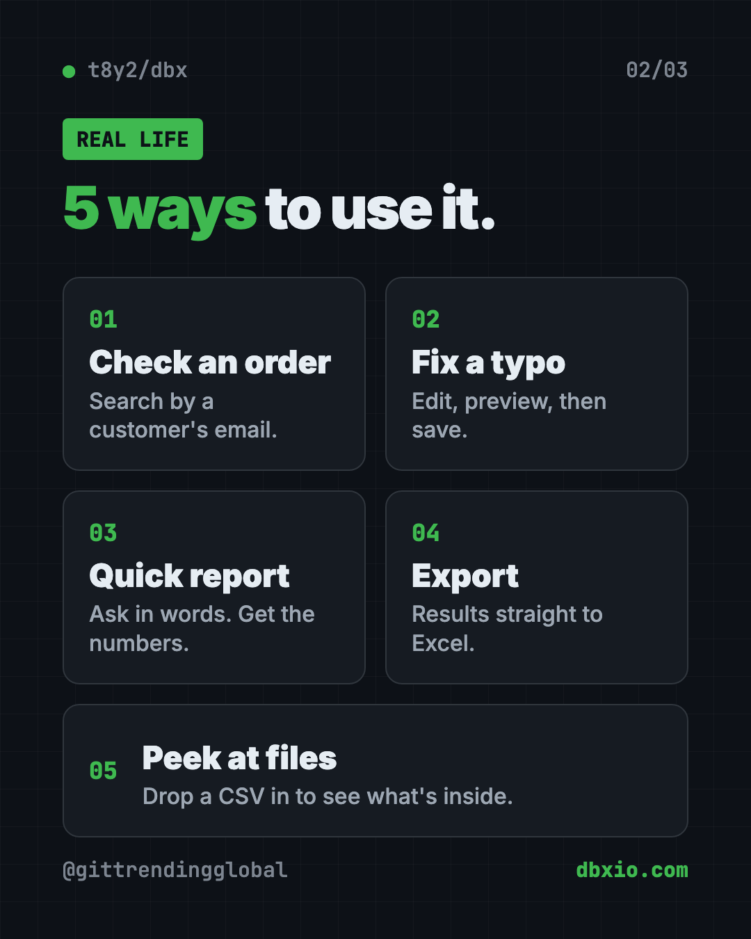 5 ways to use DBX, the free database client: check an order, fix a typo, quick reports, export to Excel and preview CSV files
