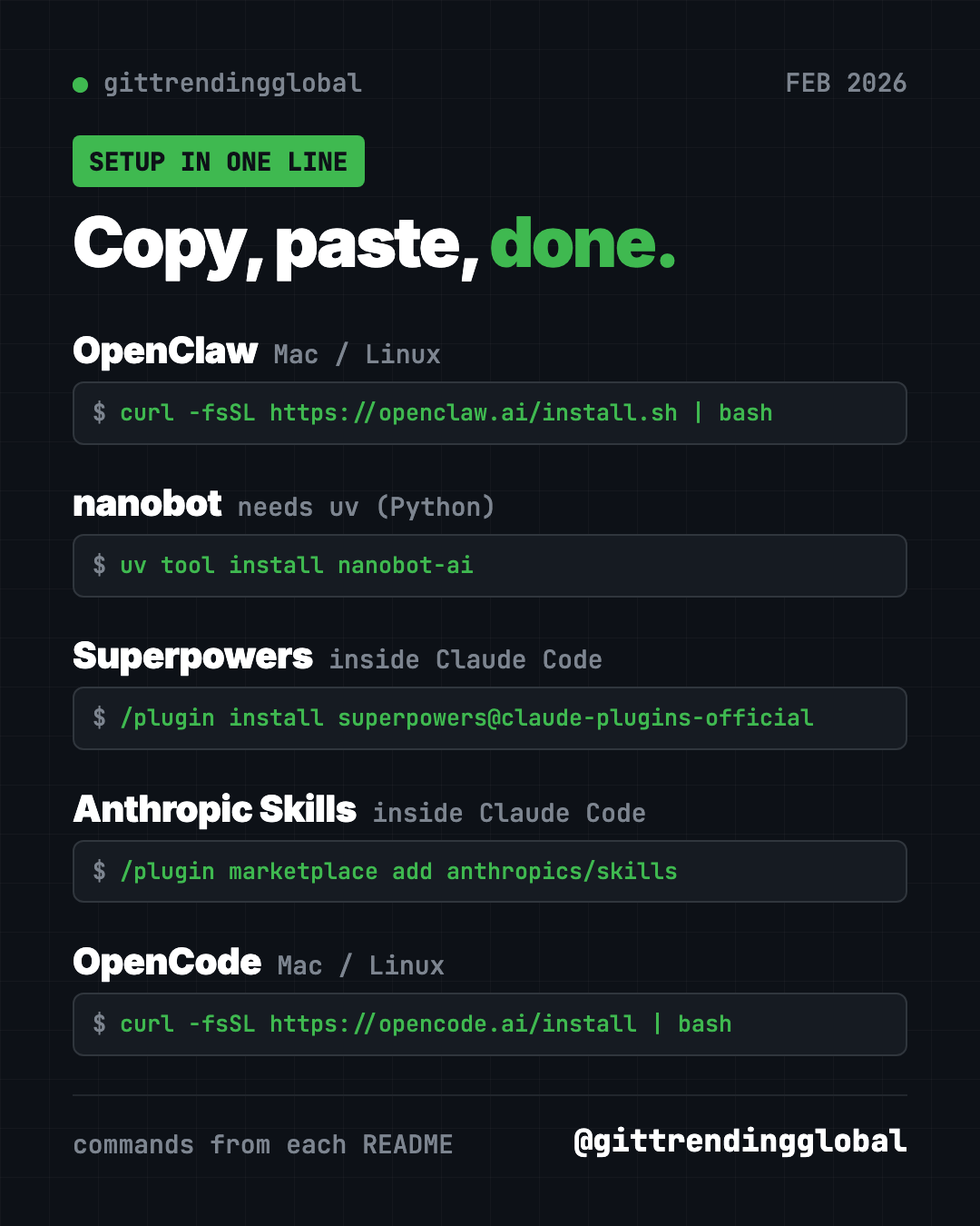 Copy, paste, done: the one-line setup for each of the best GitHub repos February 2026 brought, from OpenClaw to OpenCode