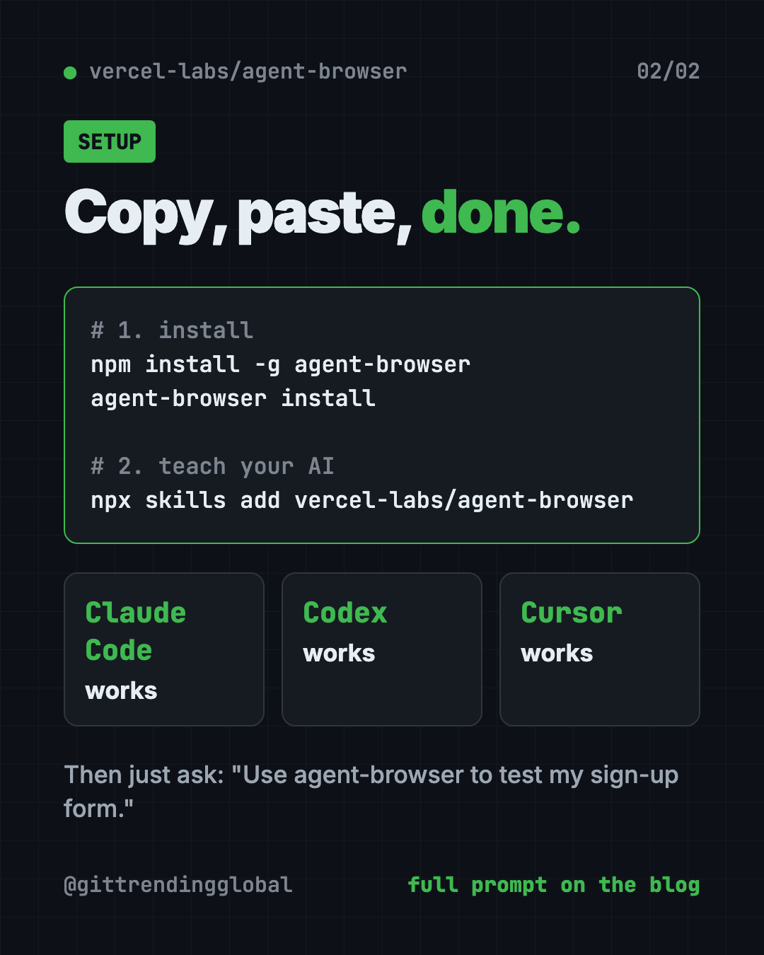 Set up agent-browser with Claude Code or Codex: install, add the skill, then ask it to test your site