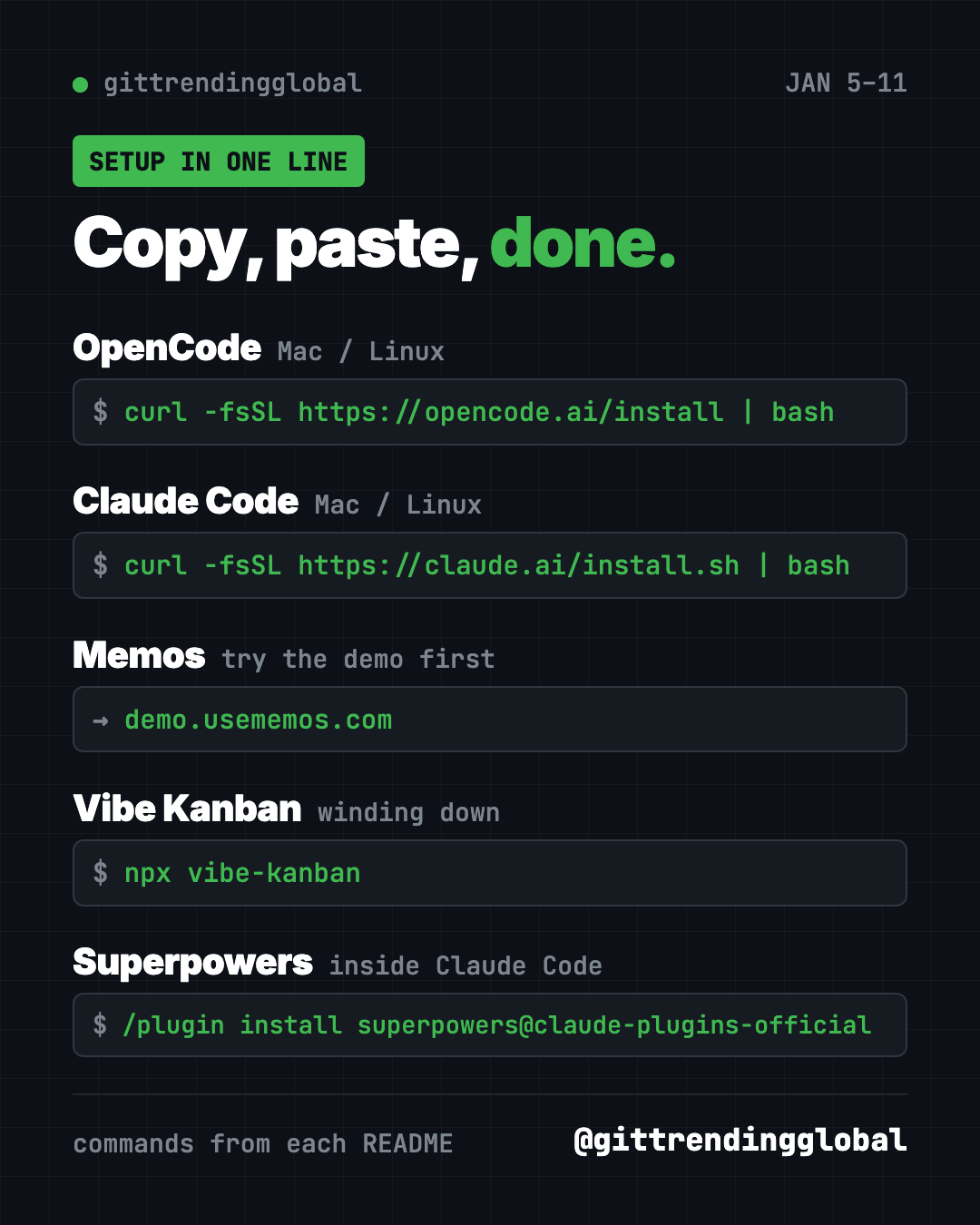 Copy, paste, done: one-line setup for each trending GitHub repo of January 5 to 11, from OpenCode to Superpowers