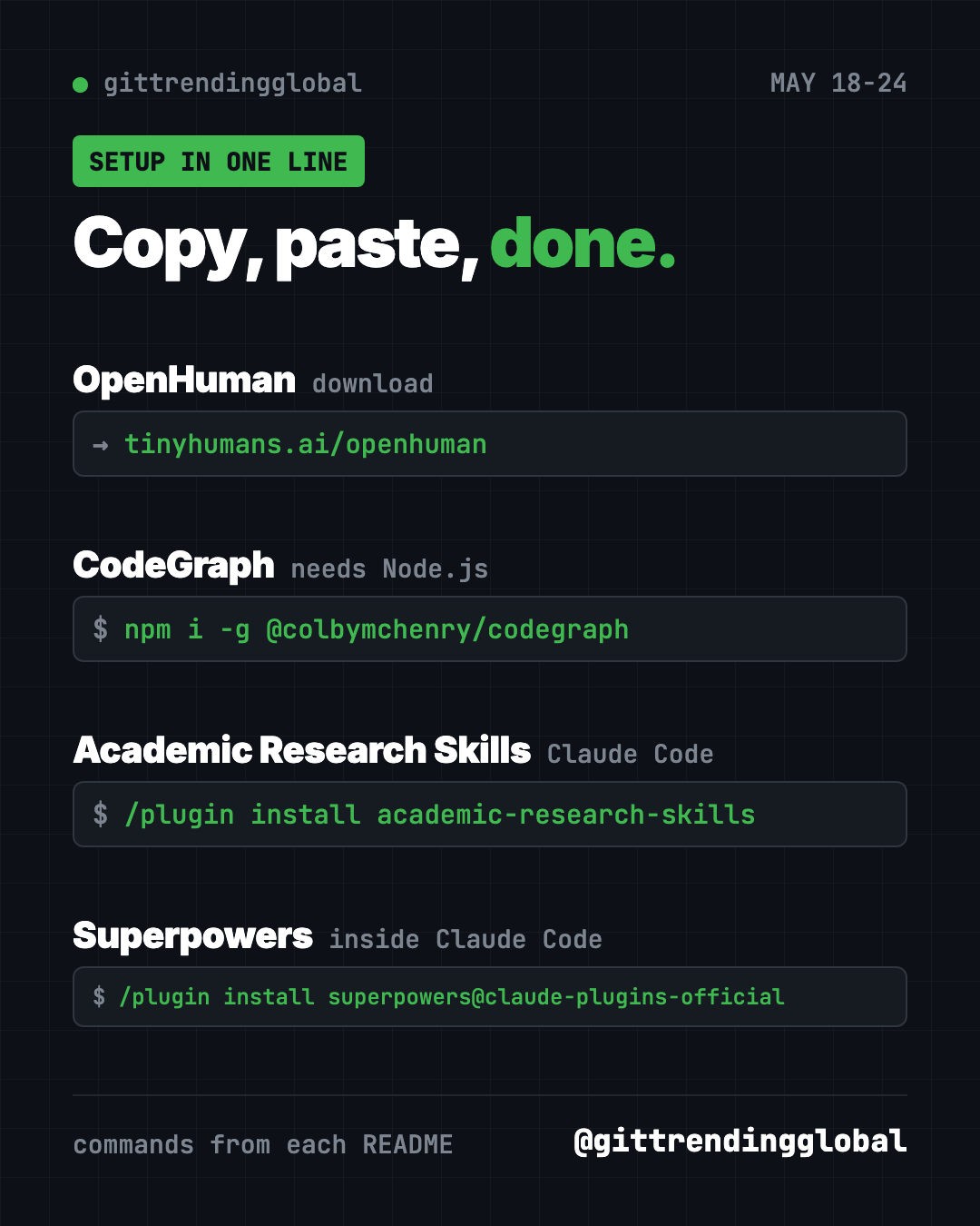 Copy, paste, done: setup lines for the trending GitHub projects May 18 2026, OpenHuman, CodeGraph, Academic Research Skills, Superpowers