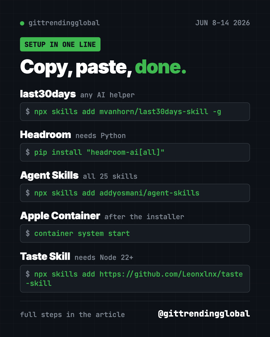 Copy, paste, done: setup commands for the top GitHub repos of the week of June 8 2026, including last30days and Agent Skills