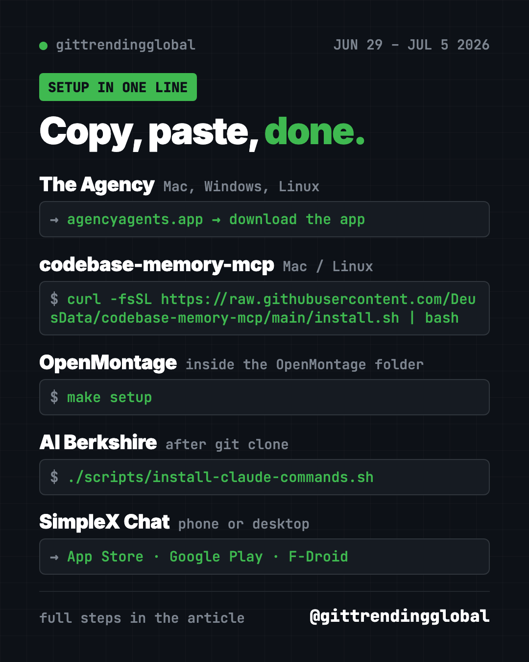 Copy, paste, done: setup for The Agency, codebase-memory-mcp, OpenMontage, AI Berkshire and SimpleX Chat, the best GitHub repos of June 29 2026