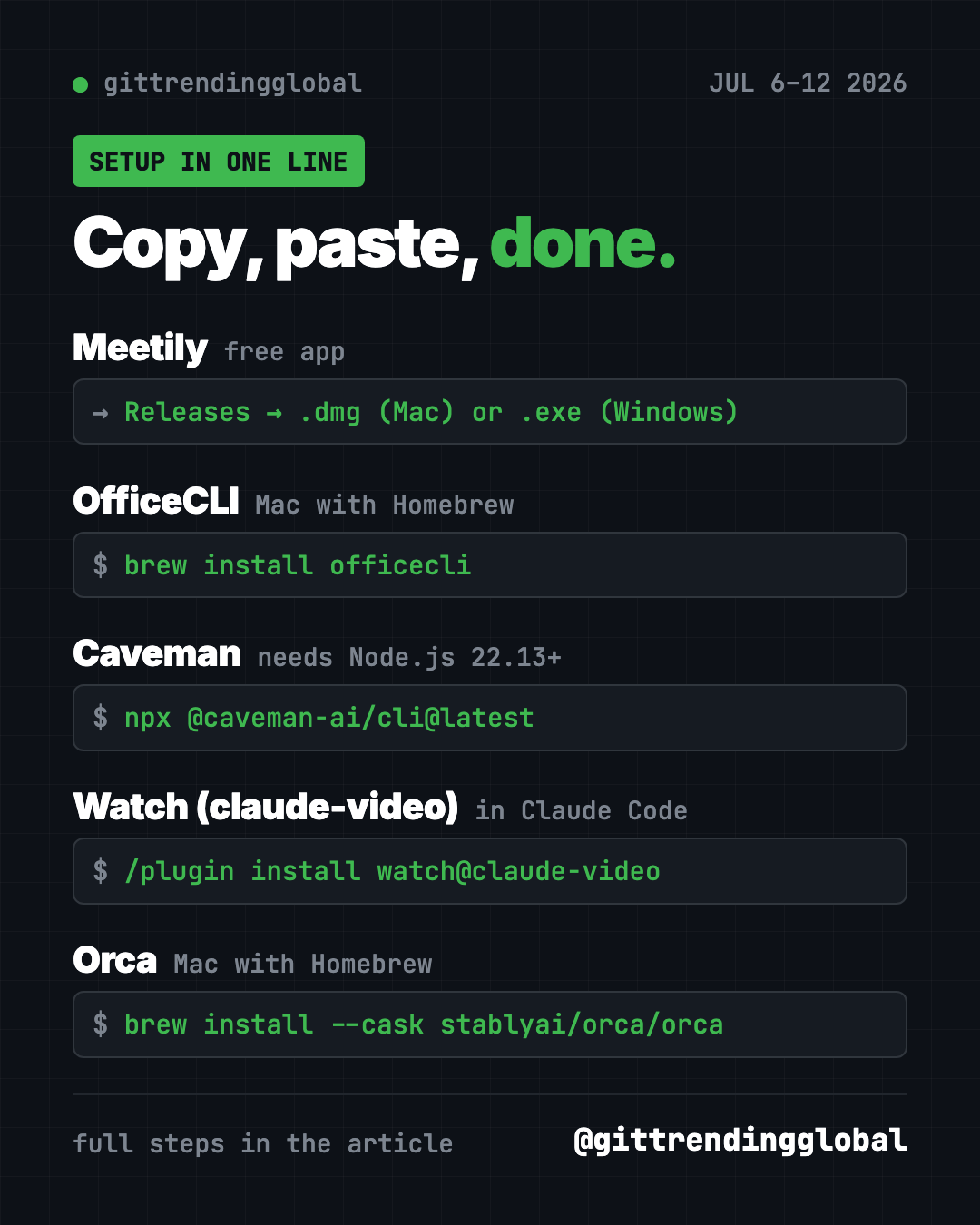Copy, paste, done: install lines for Meetily, OfficeCLI, Caveman, Watch and Orca, the trending GitHub repos of July 6 2026
