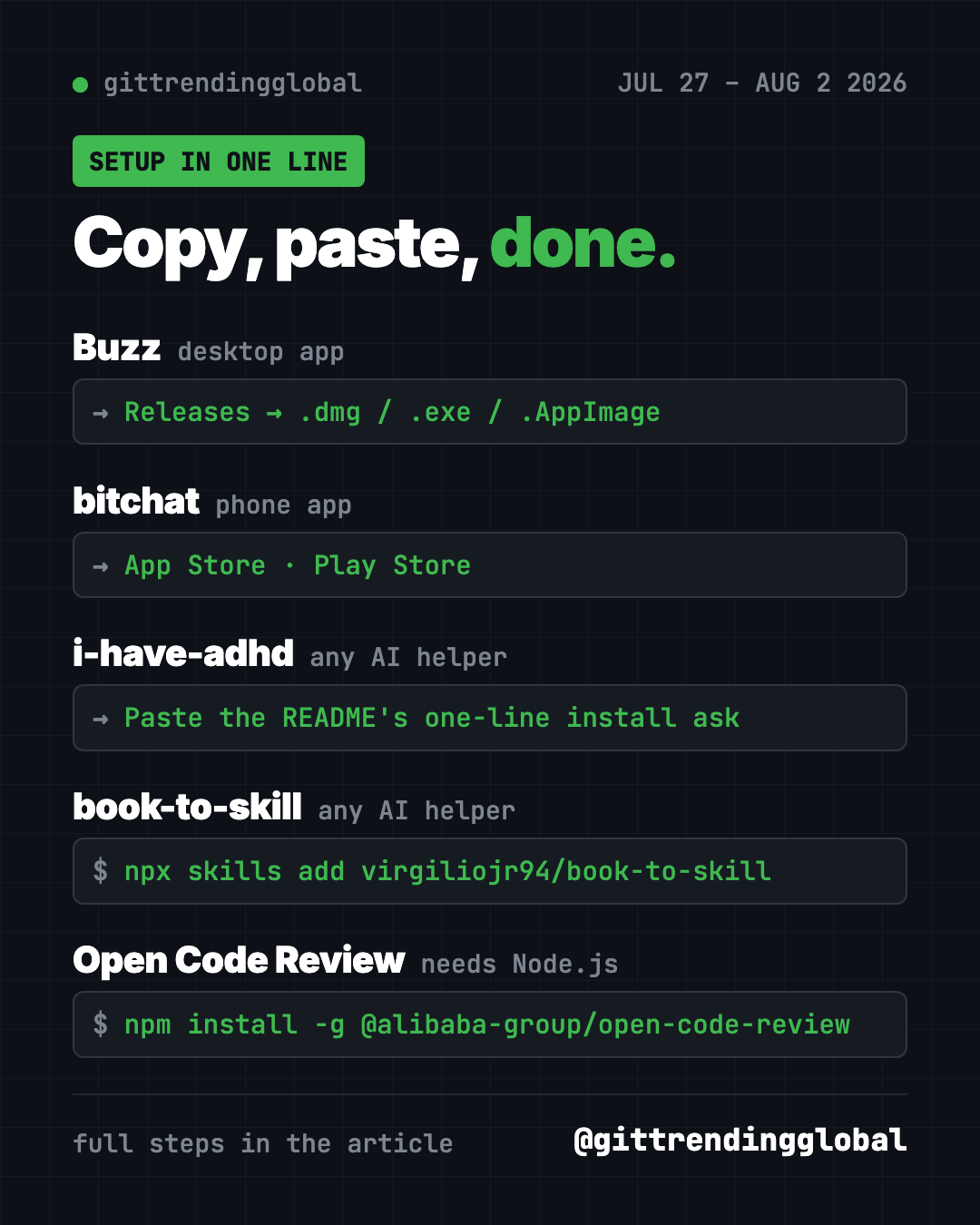 Copy, paste, done: how to start each GitHub trending repo from the week of July 27 2026, from Buzz to Open Code Review