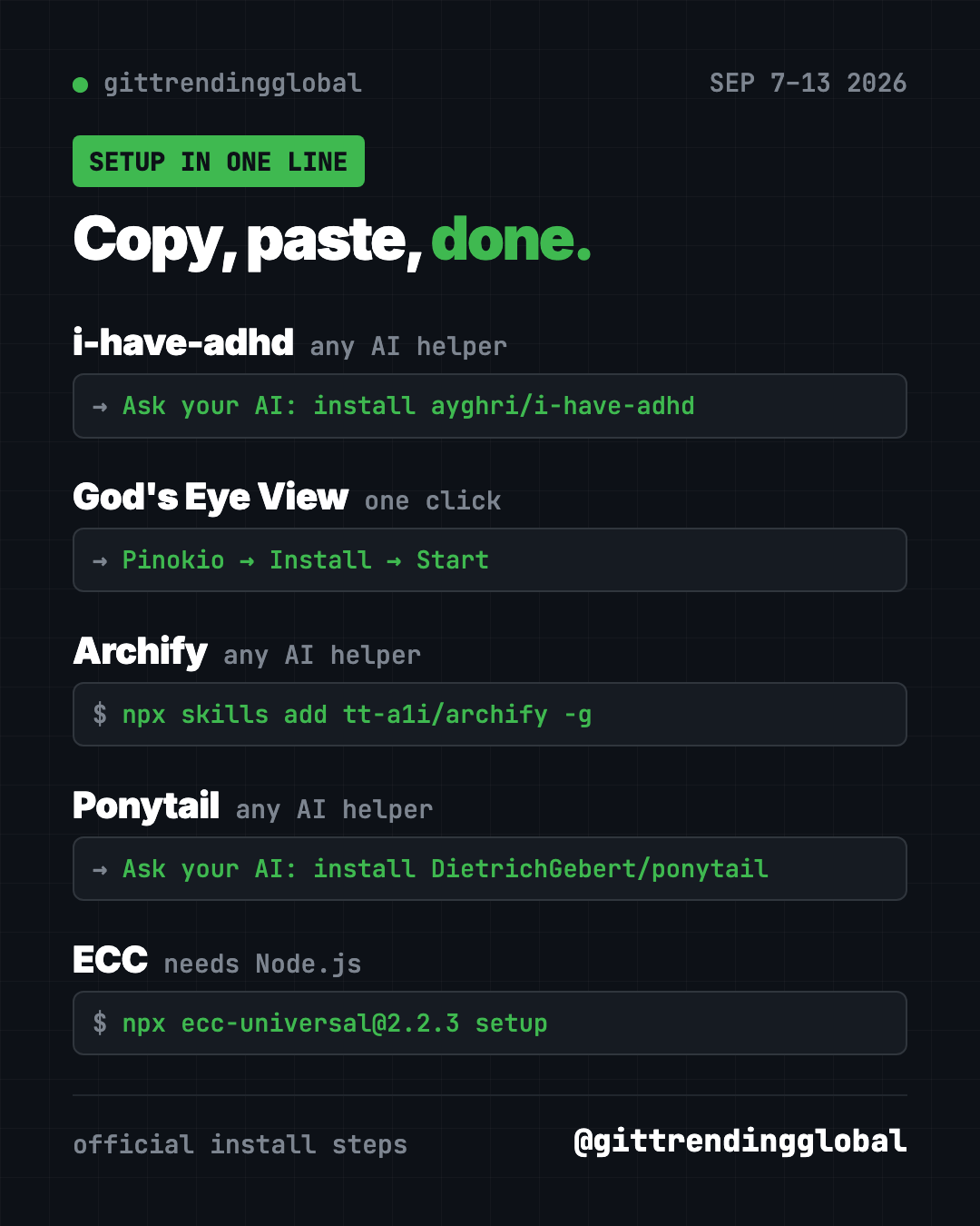 Copy, paste, done: one-line setups for the GitHub trending this week Sept 7 2026 repos, from the i-have-adhd prompt to npx ecc-universal setup